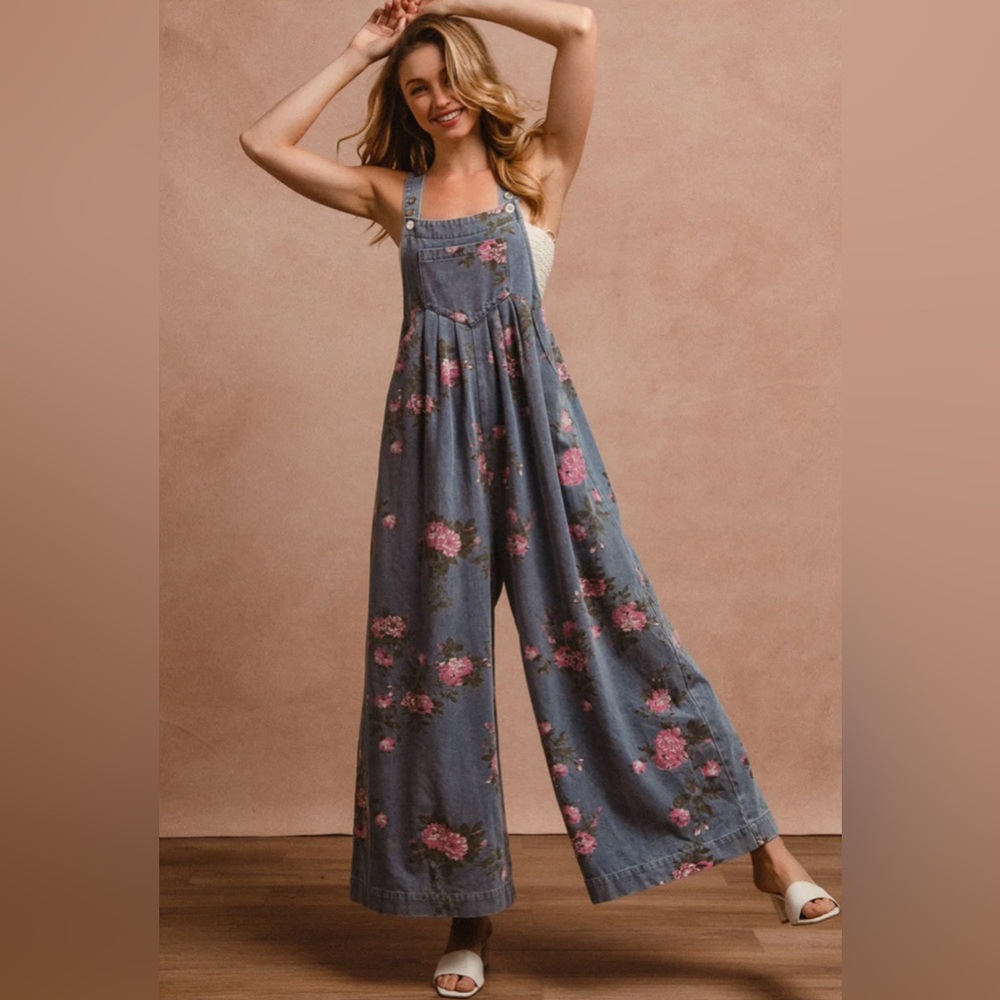 BiBi Floral Denim Jumpsuit/New Wih Tags.